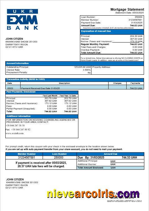 Ukraine Ukreximbank bank mortgage statement